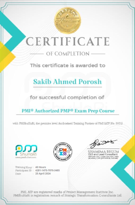 Certificate of completion for the PMI-Authorized PMP Exam Prep Course, issued to Sakib Ahmed Porosh by PMShuHaRi