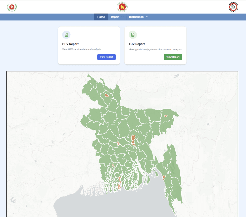 VaxEPI reporting dashboard with a district-level vaccine coverage map of Bangladesh
